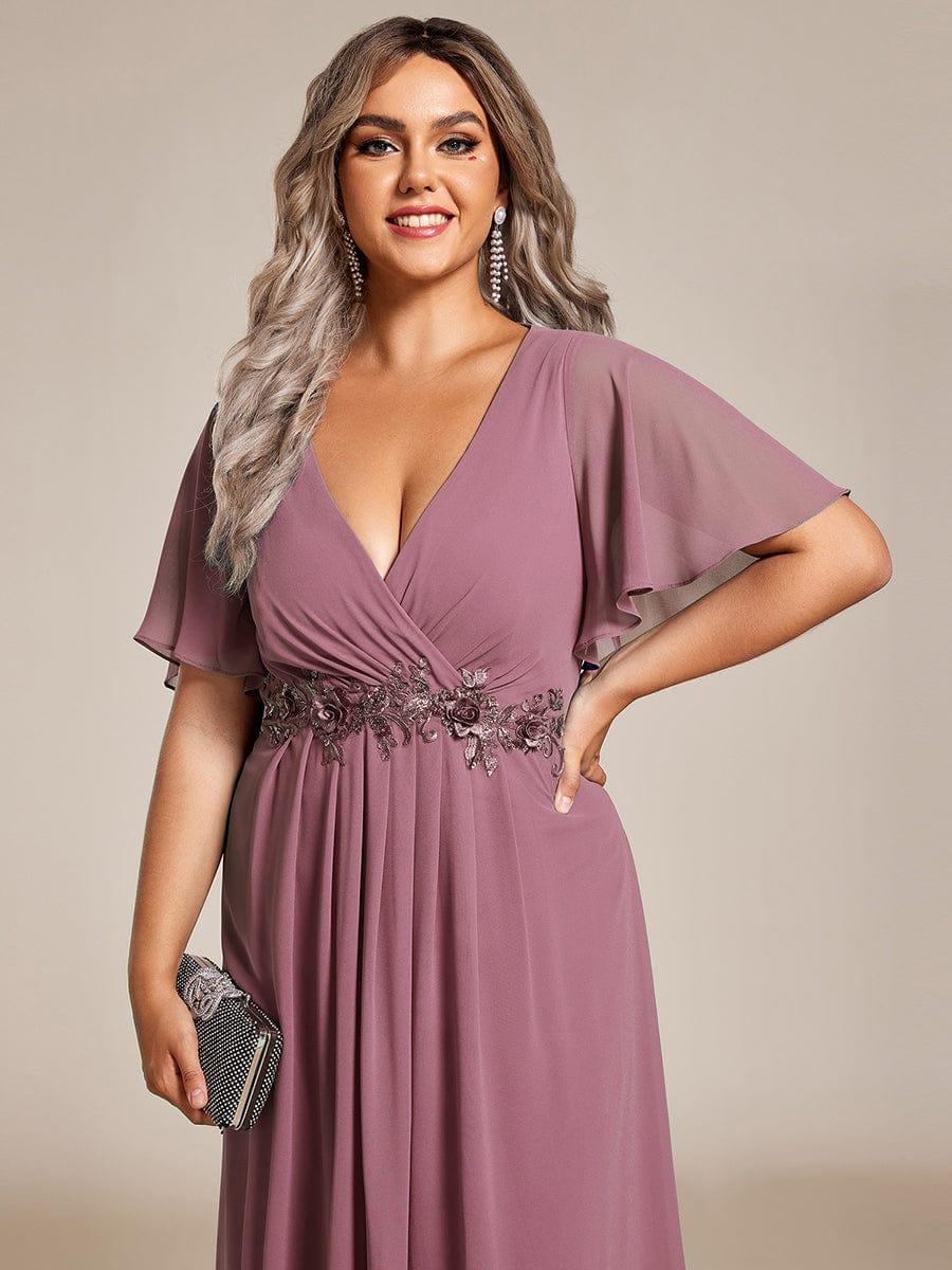 ever DAHLIA|Short Sleeves V-Neck Tea Length Wedding Guest Dress with Floral Applique