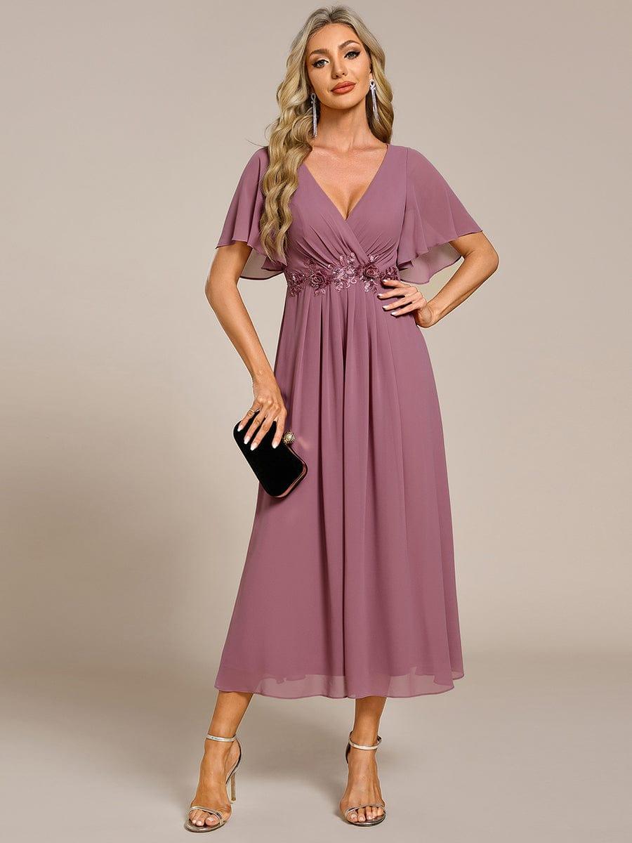 ever DAHLIA|Short Sleeve V Neck Knee Length Mother of the Bride Dress