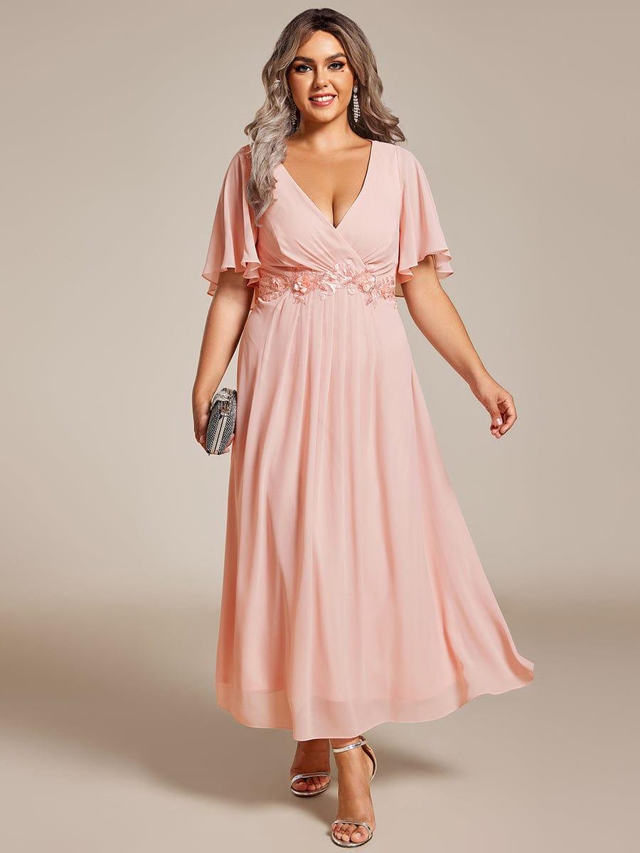 ever DAHLIA|Short Sleeves V-Neck Tea Length Wedding Guest Dress with Floral Applique