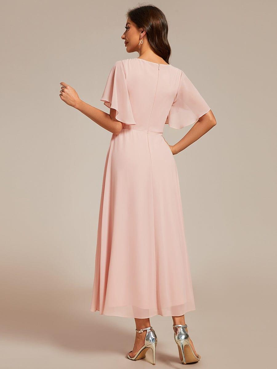 ever DAHLIA|Short Sleeves V-Neck Tea Length Wedding Guest Dress with Floral Applique