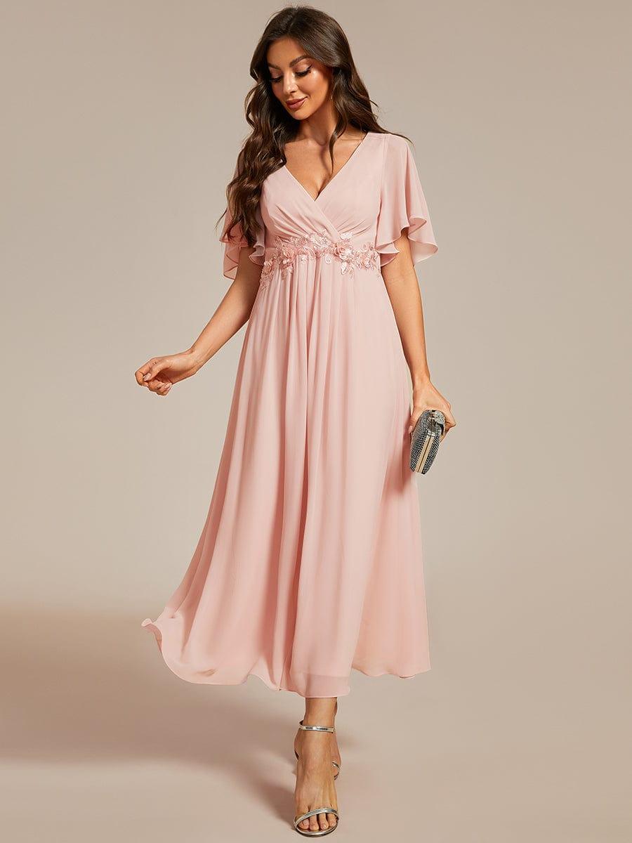 ever DAHLIA|Short Sleeves V-Neck Tea Length Wedding Guest Dress with Floral Applique