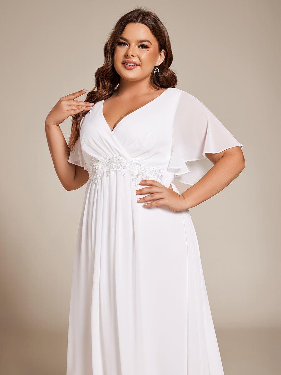 ever DAHLIA|Short Sleeves V-Neck Tea Length Wedding Guest Dress with Floral Applique