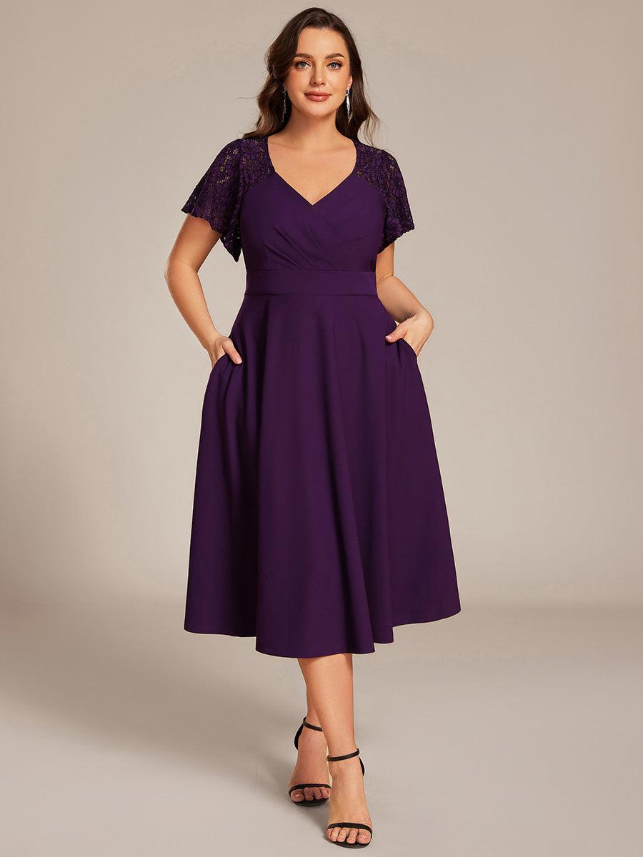 ever EVIE|Short Sleeves A-Line Midi Wedding Guest Dress with Pockets