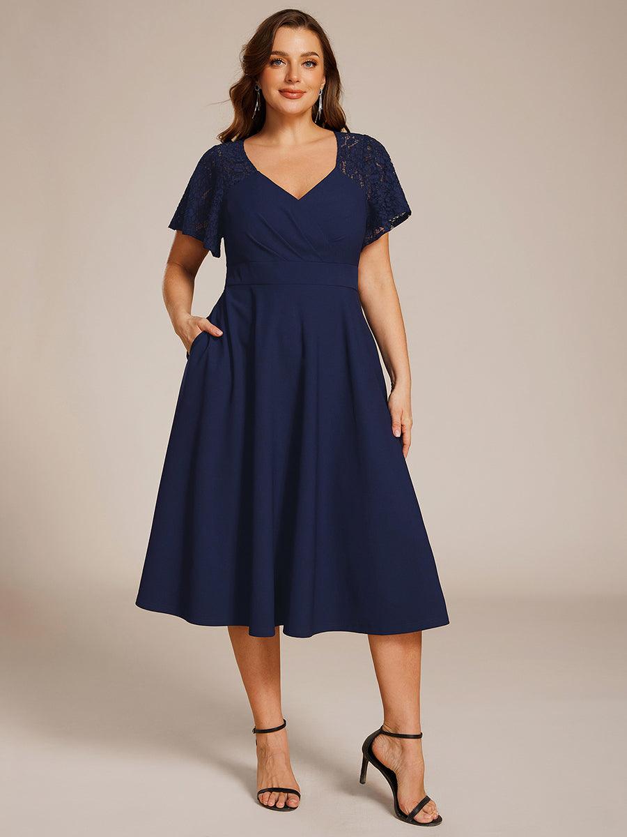 ever EVIE|Short Sleeves A-Line Midi Wedding Guest Dress with Pockets