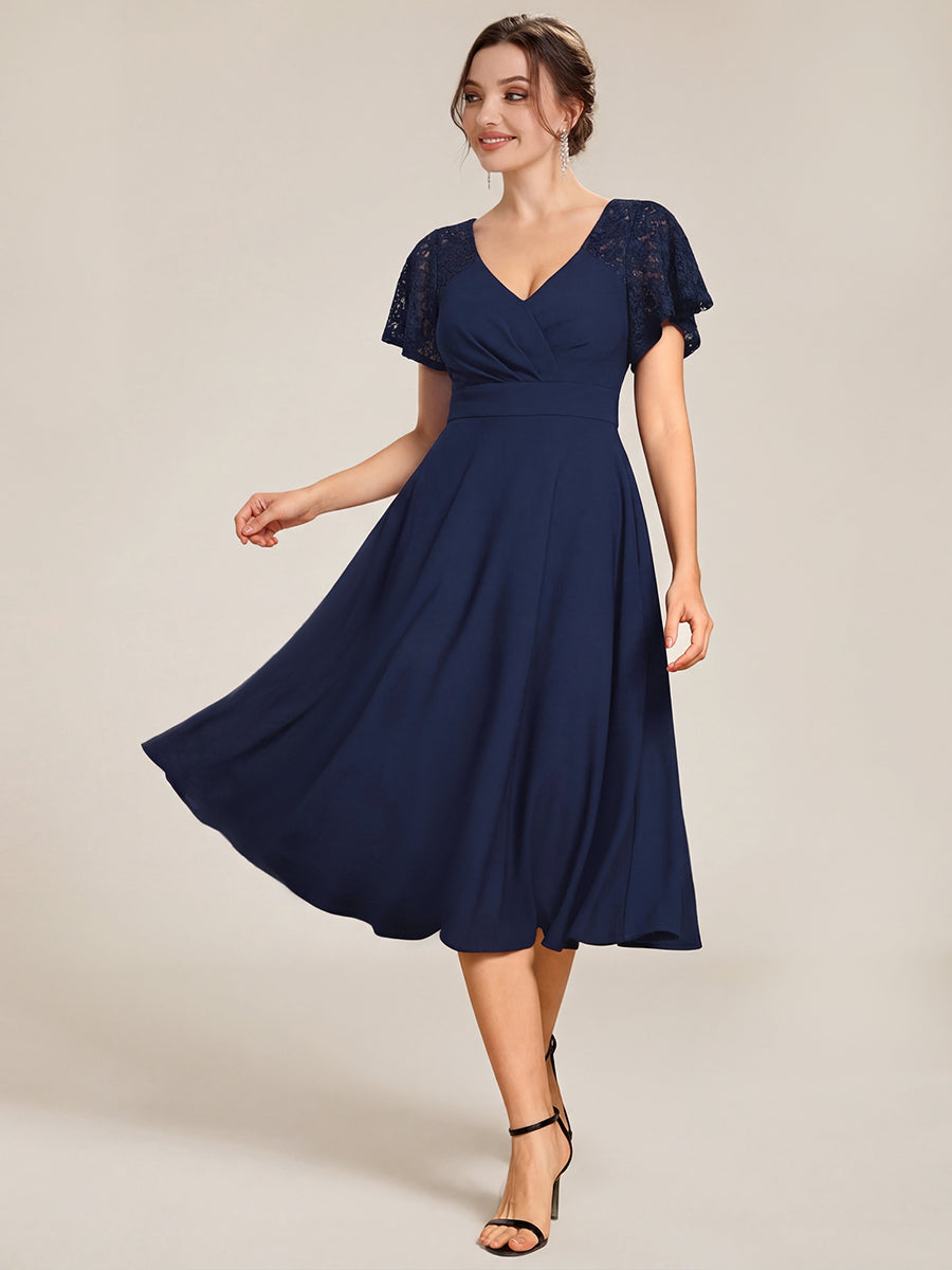 ever EVIE|Short Sleeves A-Line Midi Wedding Guest Dress with Pockets