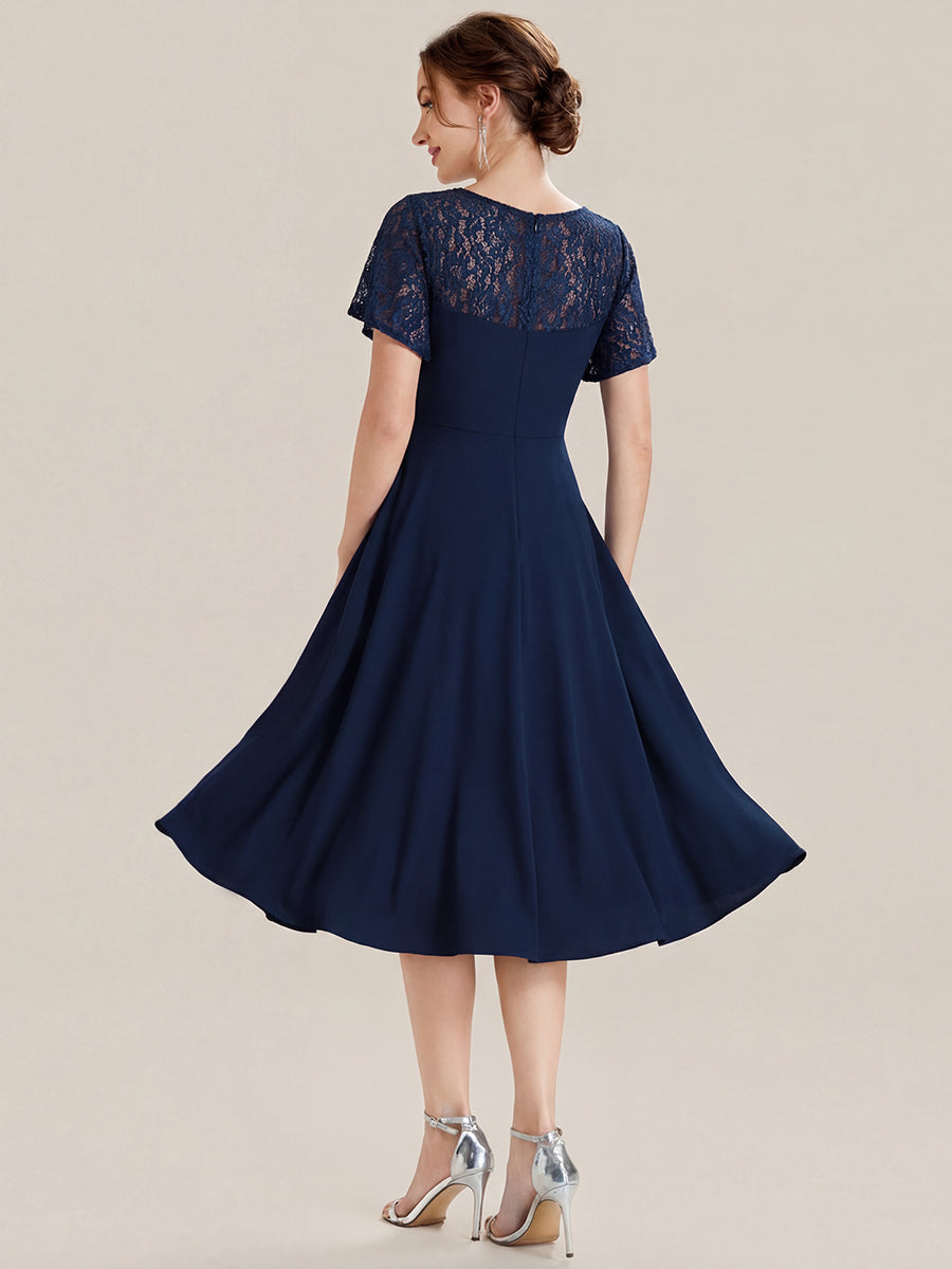 ever EVIE|Short Sleeves A-Line Midi Wedding Guest Dress with Pockets