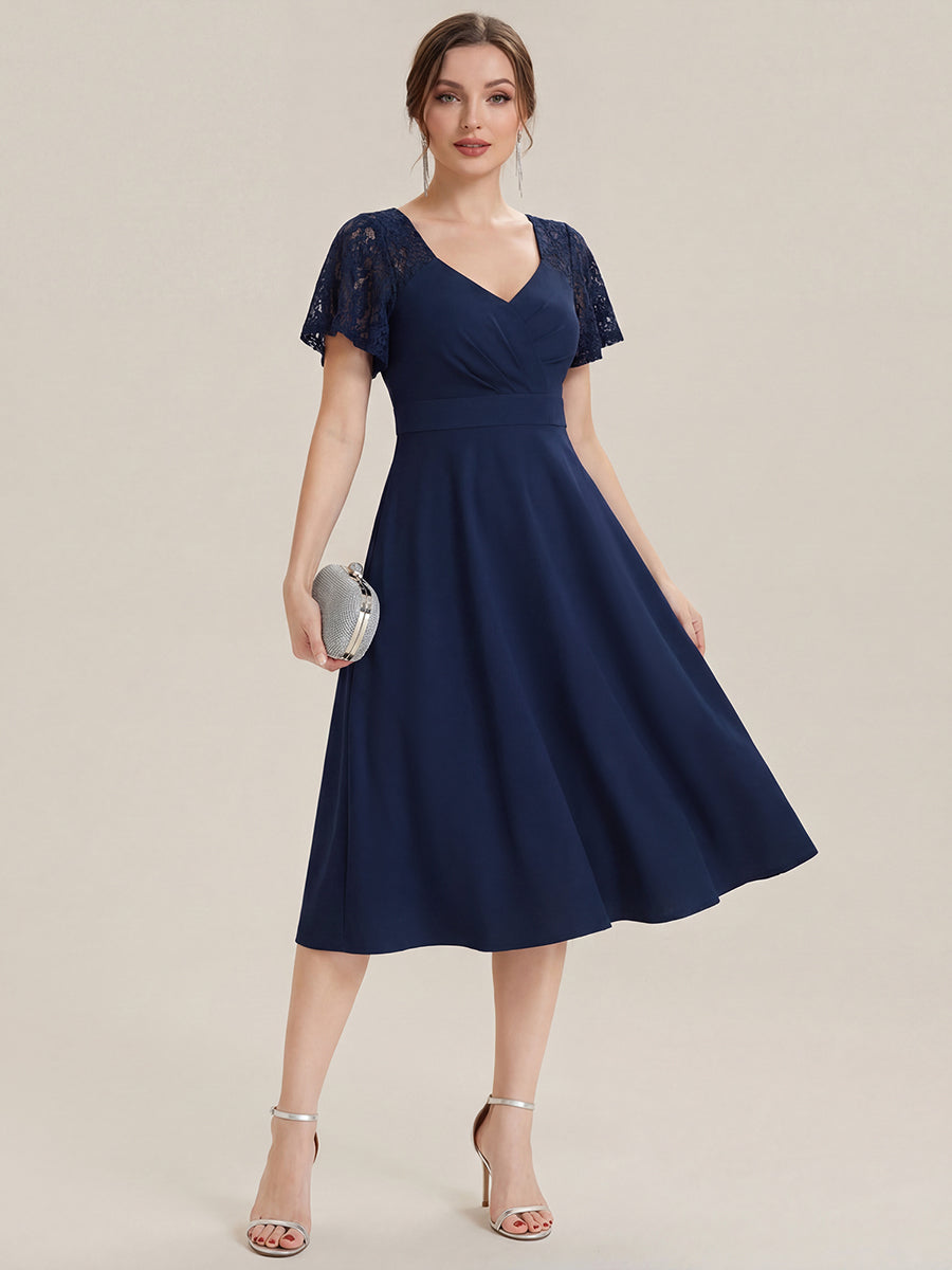 ever EVIE|Short Sleeves A-Line Midi Wedding Guest Dress with Pockets