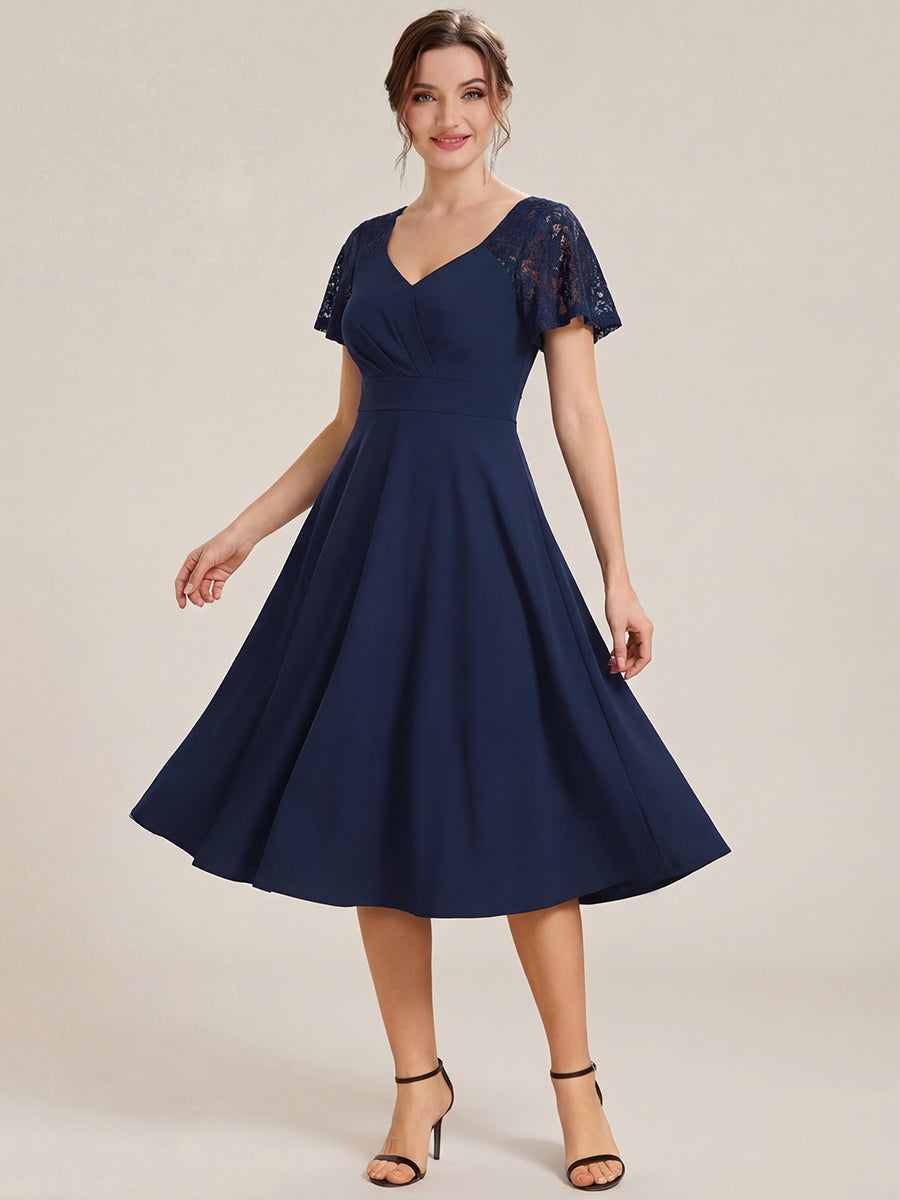 ever EVIE|Short Sleeves A-Line Midi Wedding Guest Dress with Pockets