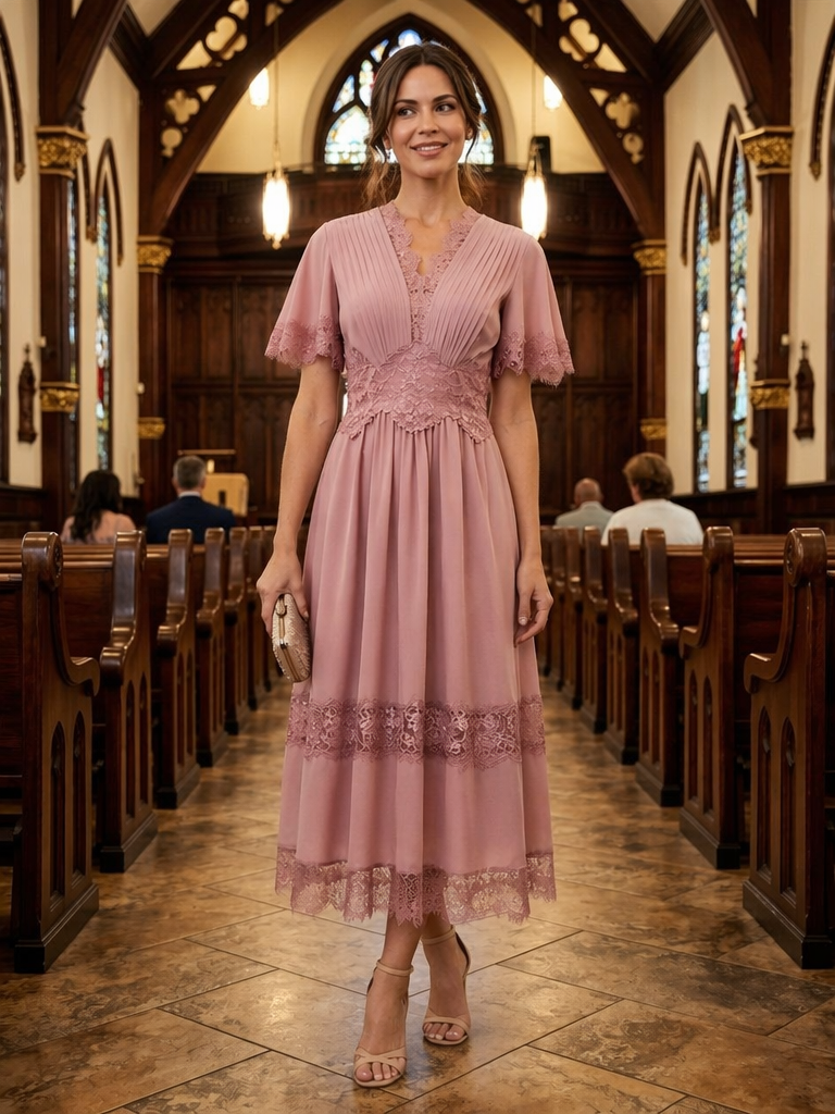 Cut-Out Detail Chiffon Ruffle Sleeve Wedding Guest Dress