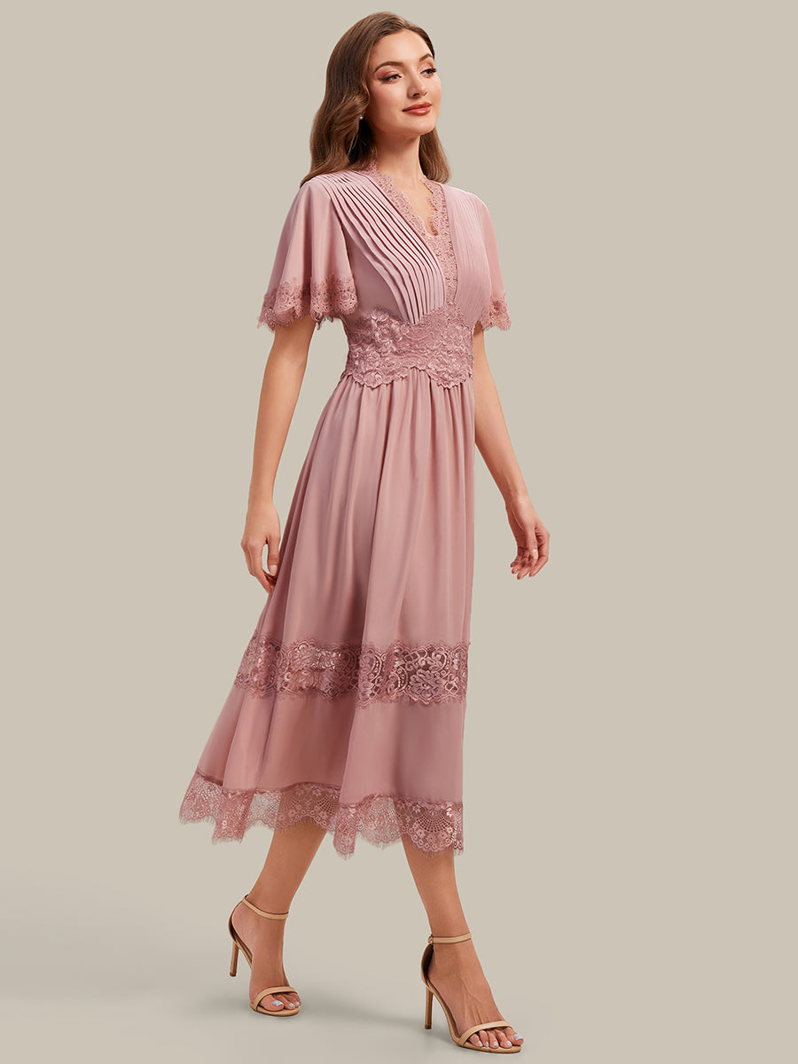 Cut-Out Detail Chiffon Ruffle Sleeve Wedding Guest Dress