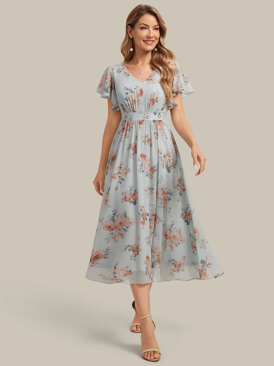 Chiffon Ruffle Sleeve A-Line Wedding Guest Dress