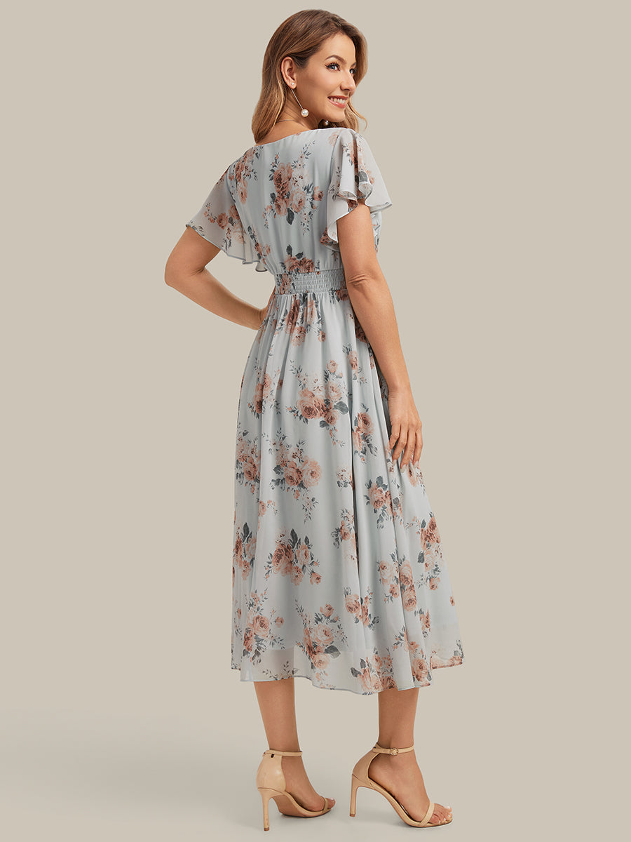 Chiffon Ruffle Sleeve A-Line Wedding Guest Dress