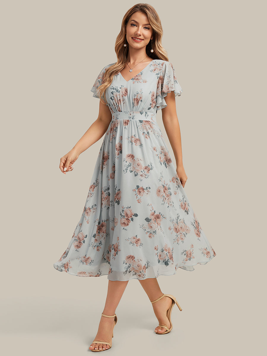 Chiffon Ruffle Sleeve A-Line Wedding Guest Dress