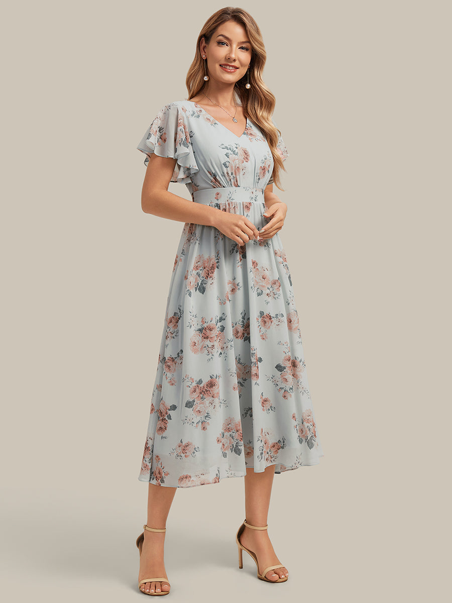 Chiffon Ruffle Sleeve A-Line Wedding Guest Dress