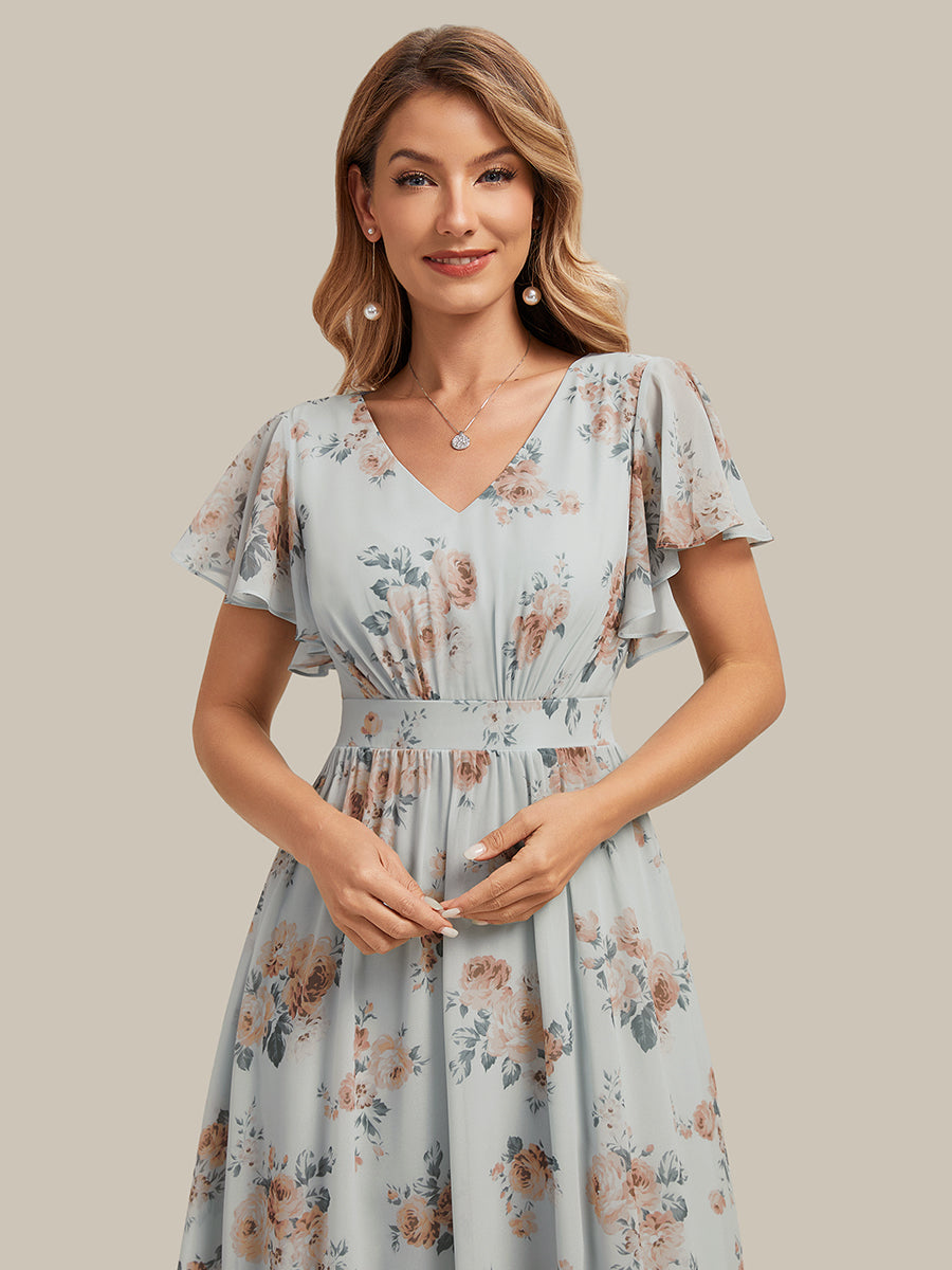 Chiffon Ruffle Sleeve A-Line Wedding Guest Dress