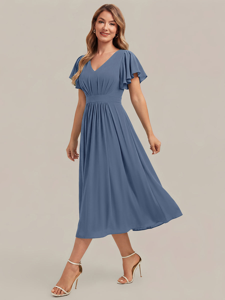 Chiffon Ruffle Sleeve A-Line Wedding Guest Dress