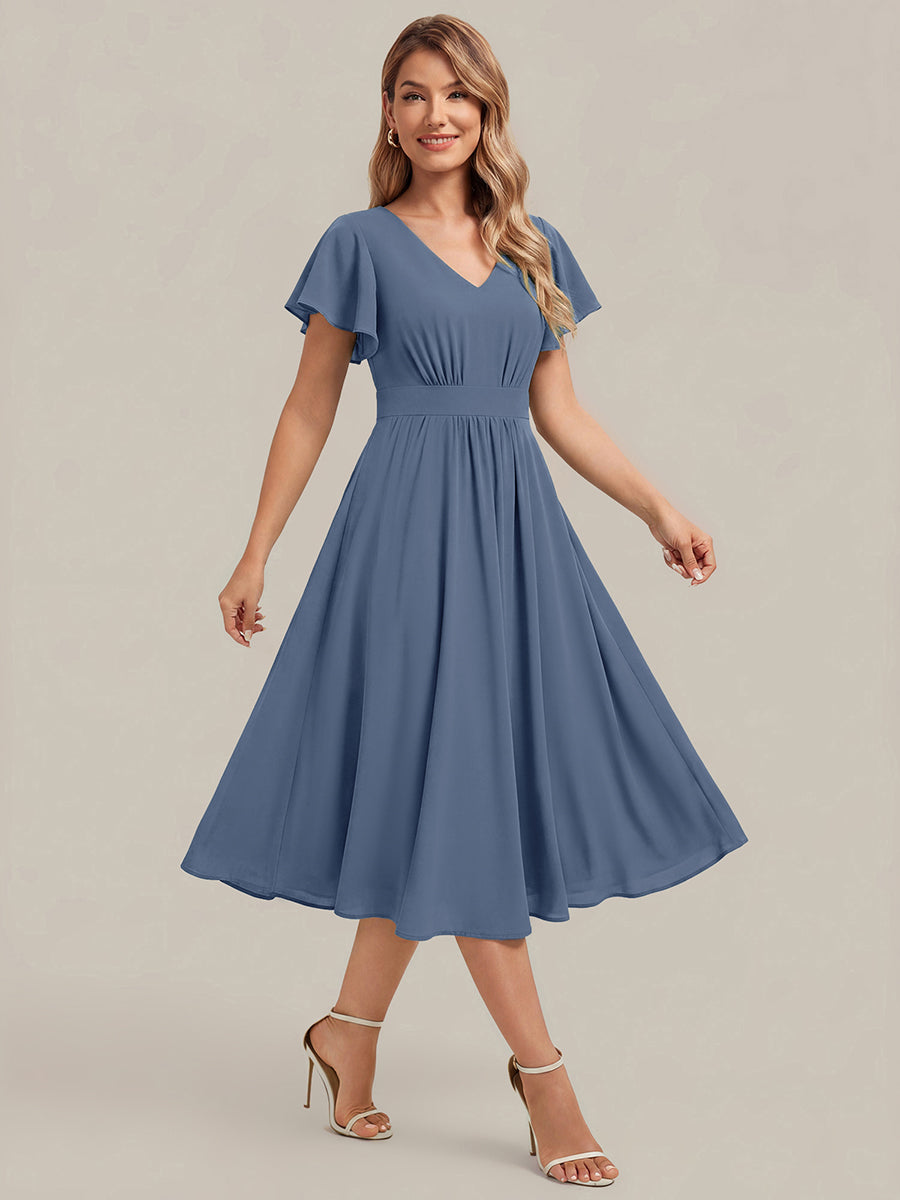 Chiffon Ruffle Sleeve A-Line Wedding Guest Dress