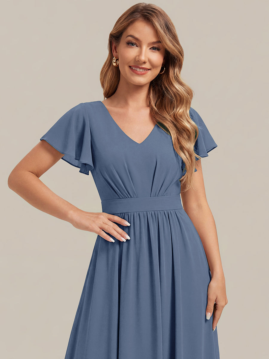Chiffon Ruffle Sleeve A-Line Wedding Guest Dress