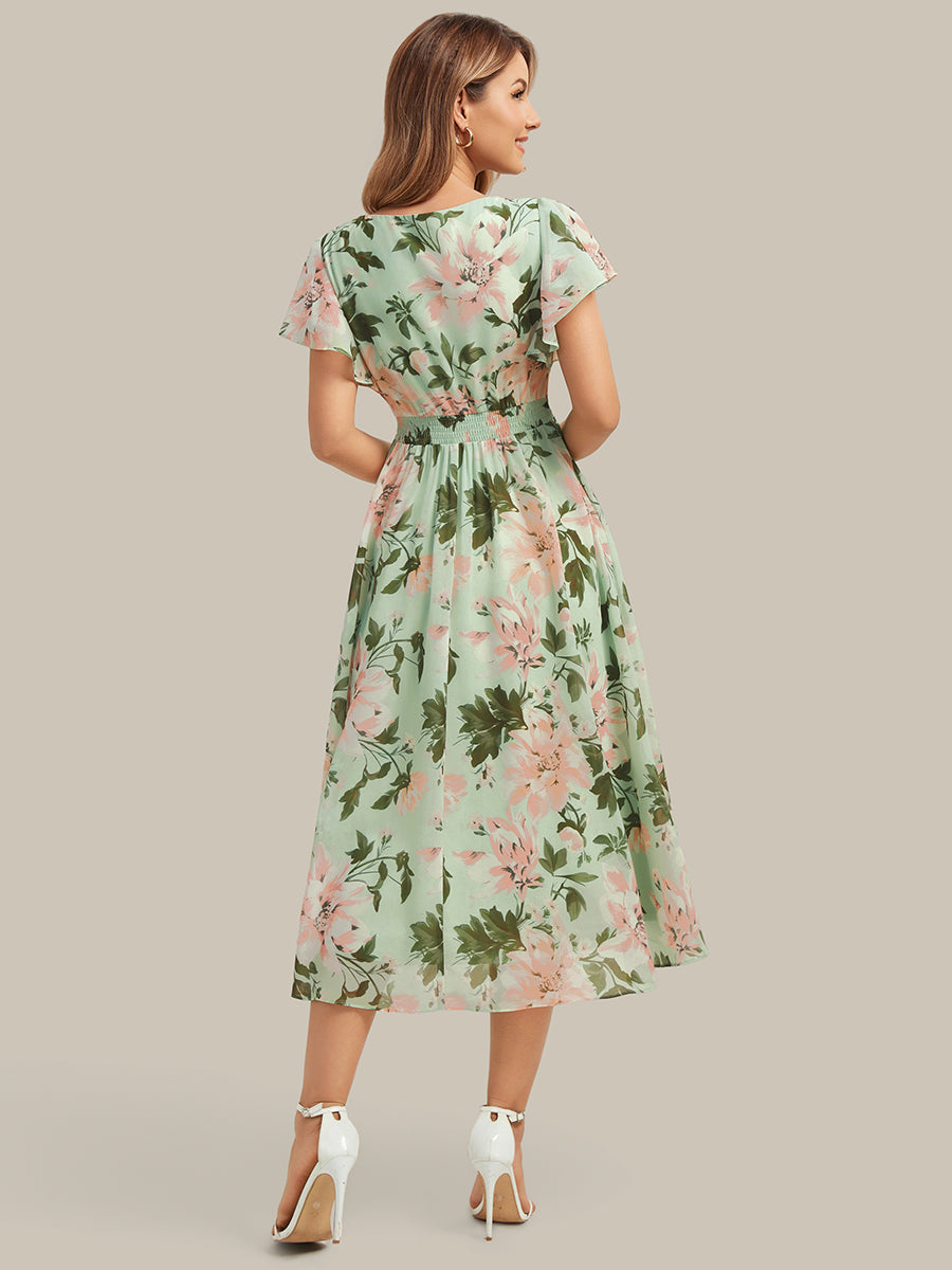 Chiffon Ruffle Sleeve A-Line Wedding Guest Dress