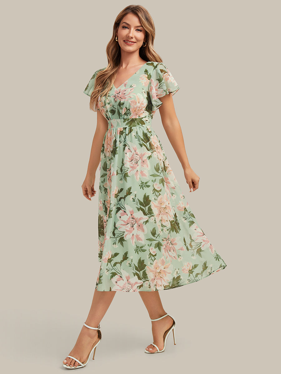 Chiffon Ruffle Sleeve A-Line Wedding Guest Dress