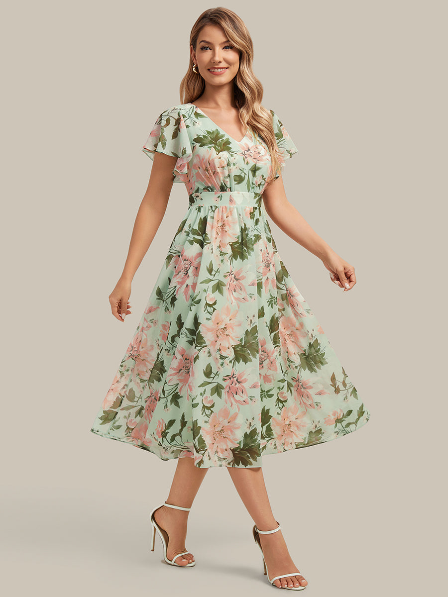 Chiffon Ruffle Sleeve A-Line Wedding Guest Dress