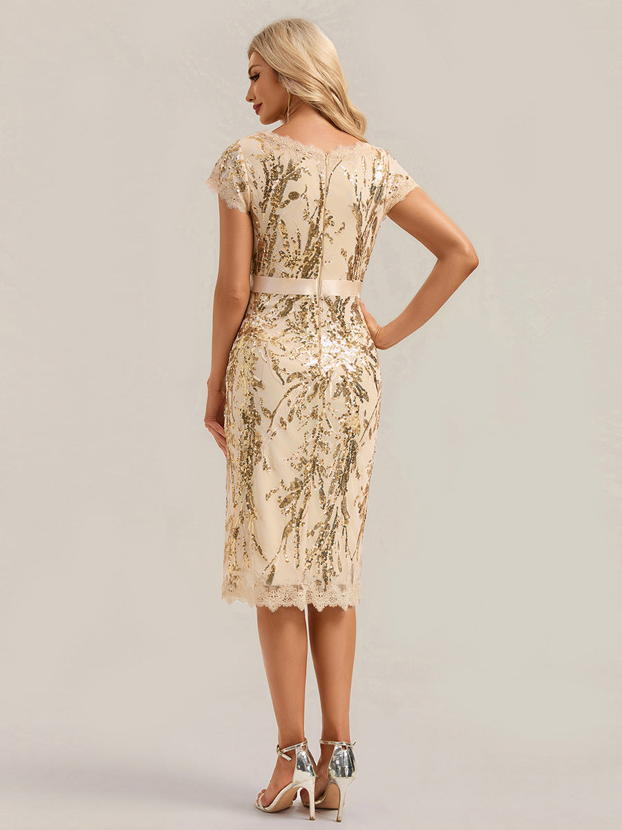 Bodycon Midi Sequin Cap Sleeve Wedding Guest Dress