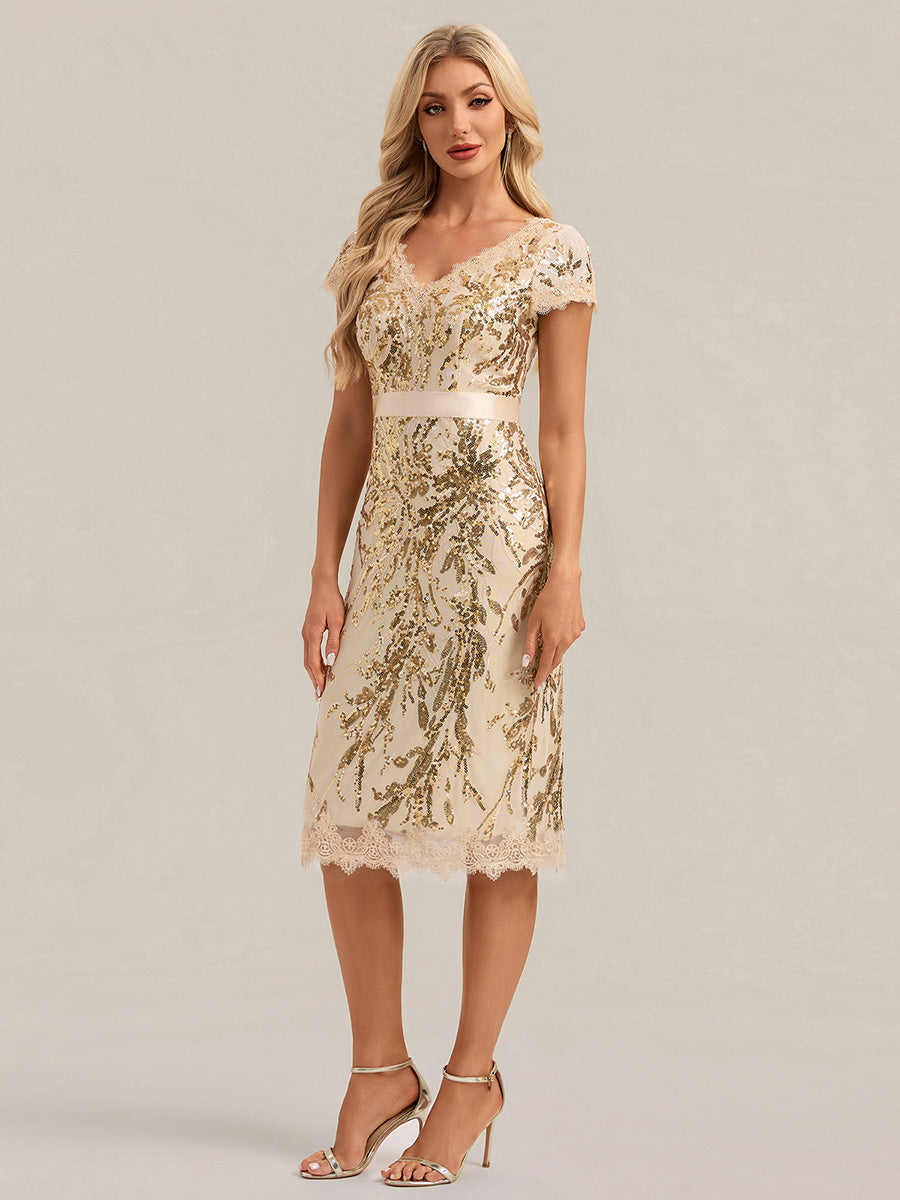 Bodycon Midi Sequin Cap Sleeve Wedding Guest Dress