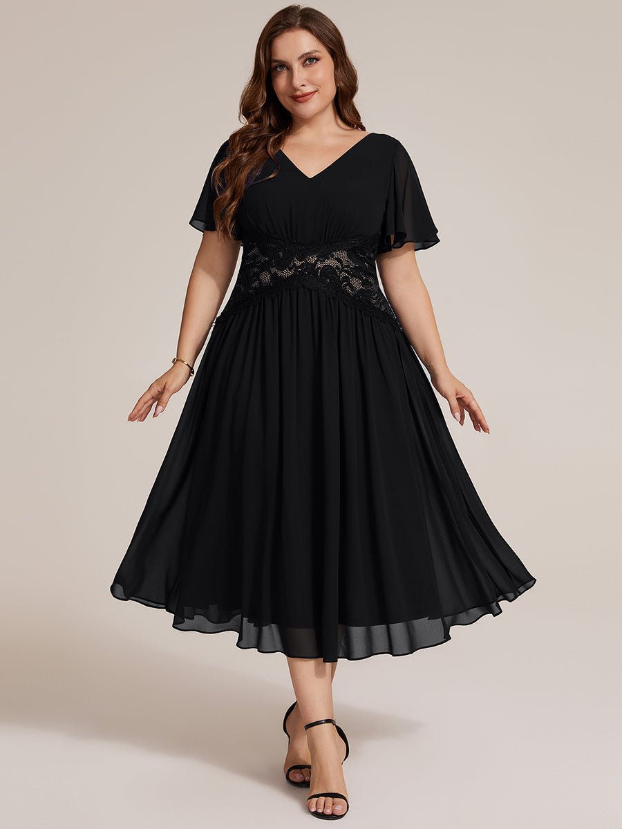 Chiffon Ruffle Sleeve Lace A-Line Wedding Guest Dress