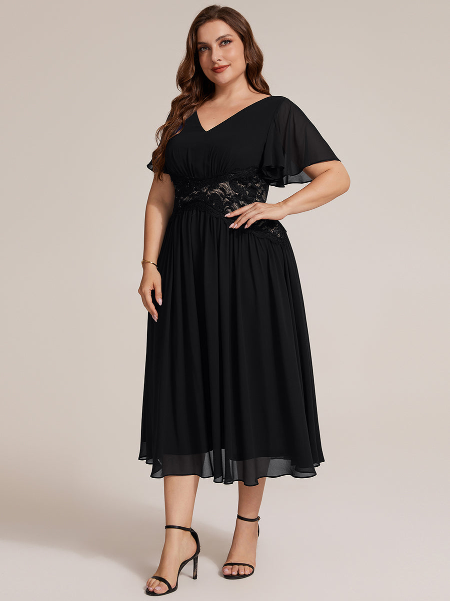 Chiffon Ruffle Sleeve Lace A-Line Wedding Guest Dress