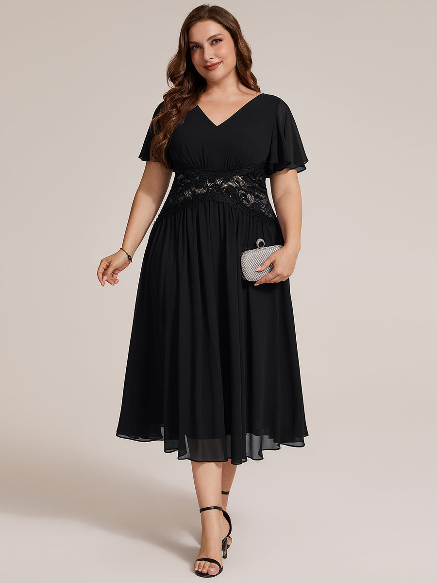 Chiffon Ruffle Sleeve Lace A-Line Wedding Guest Dress