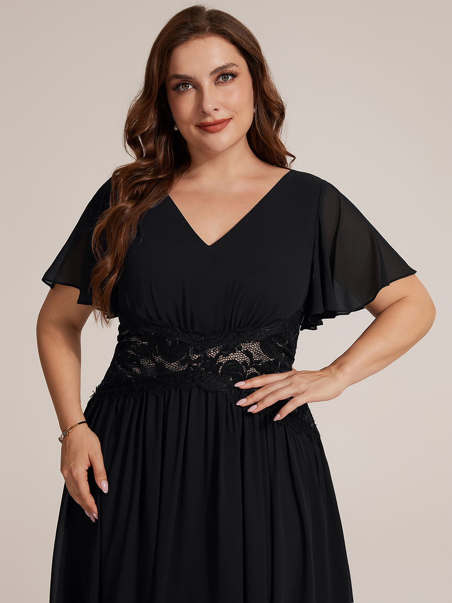 Chiffon Ruffle Sleeve Lace A-Line Wedding Guest Dress