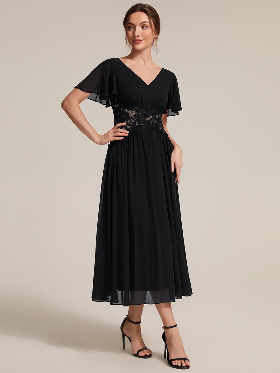 Chiffon Ruffle Sleeve Lace A-Line Wedding Guest Dress