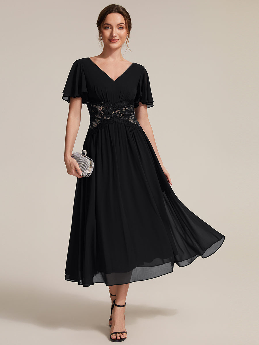 Chiffon Ruffle Sleeve Lace A-Line Wedding Guest Dress
