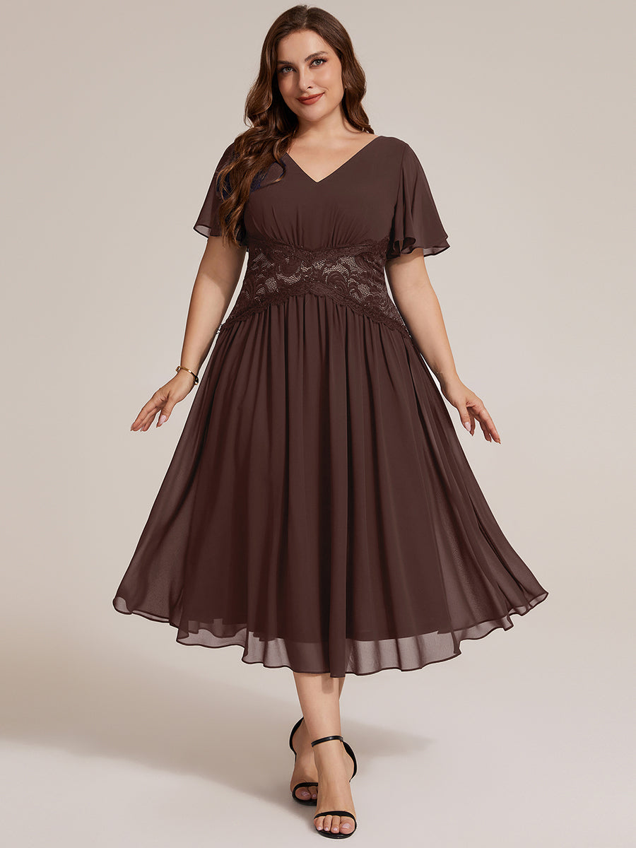 Chiffon Ruffle Sleeve Lace A-Line Wedding Guest Dress