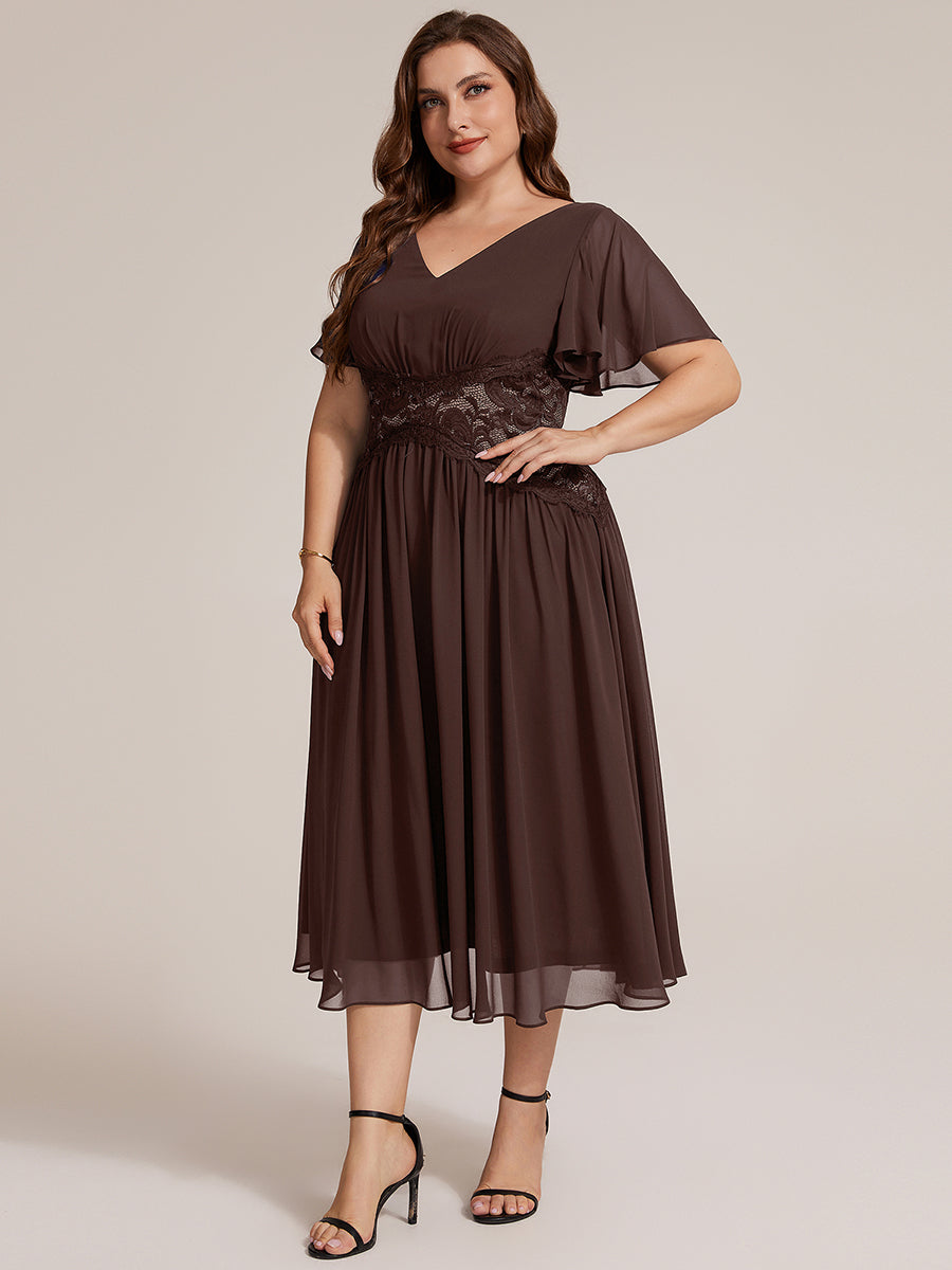Chiffon Ruffle Sleeve Lace A-Line Wedding Guest Dress