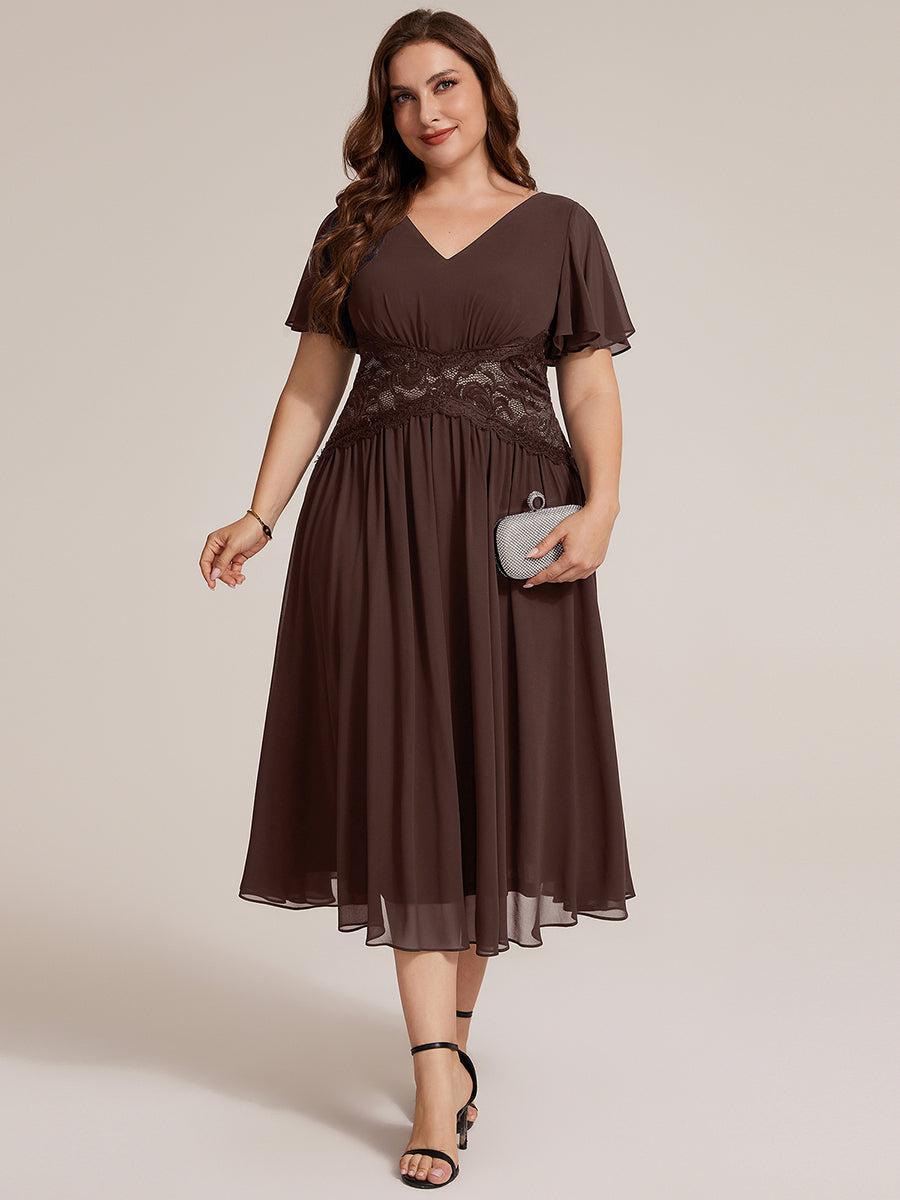 Chiffon Ruffle Sleeve Lace A-Line Wedding Guest Dress