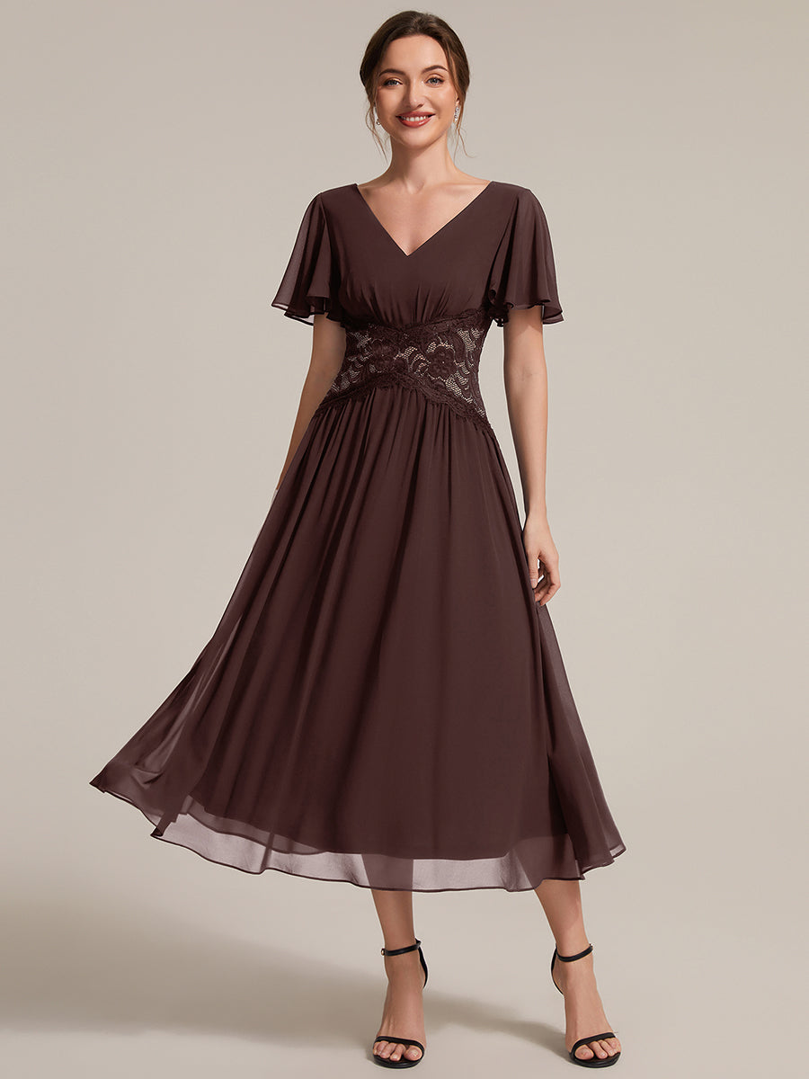 Chiffon Ruffle Sleeve Lace A-Line Wedding Guest Dress
