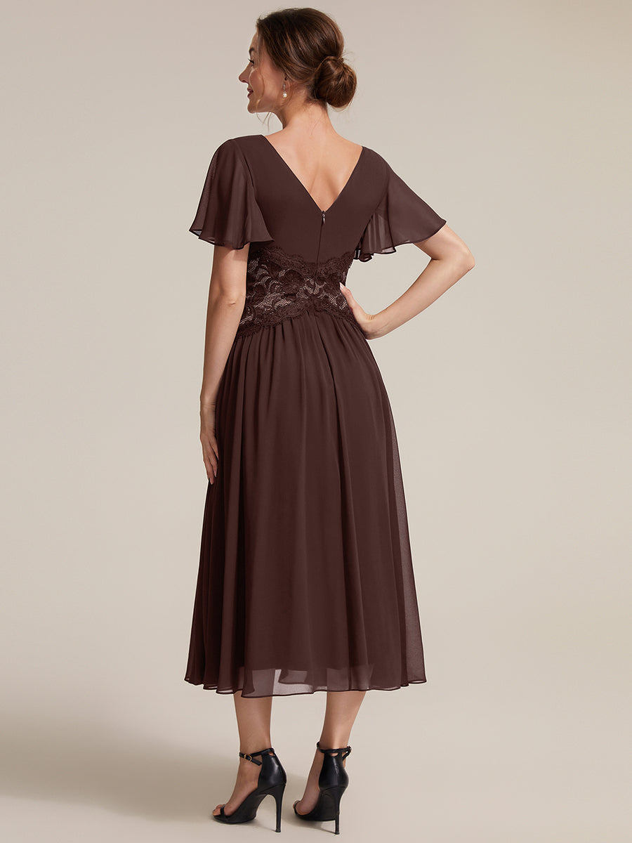 Chiffon Ruffle Sleeve Lace A-Line Wedding Guest Dress