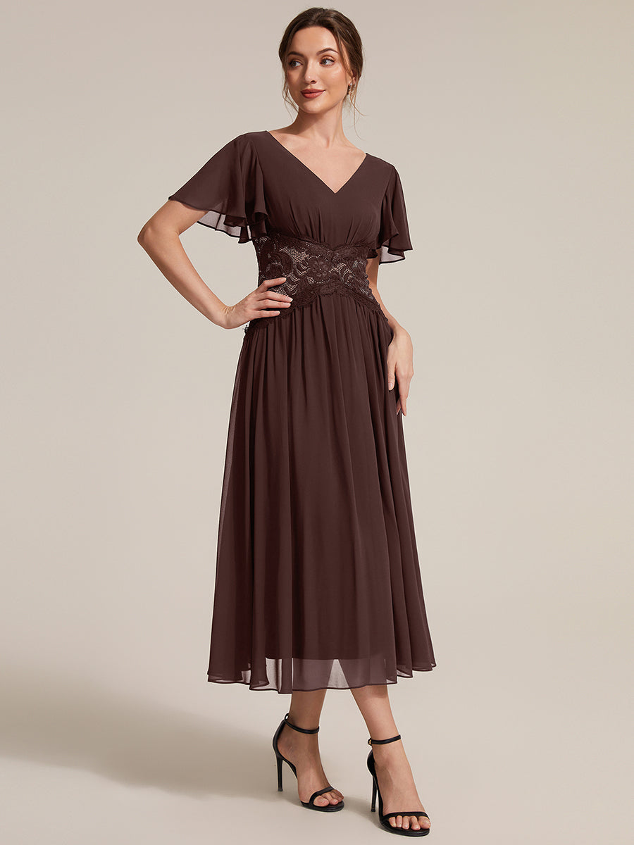 Chiffon Ruffle Sleeve Lace A-Line Wedding Guest Dress