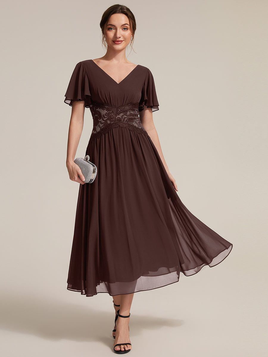 Chiffon Ruffle Sleeve Lace A-Line Wedding Guest Dress