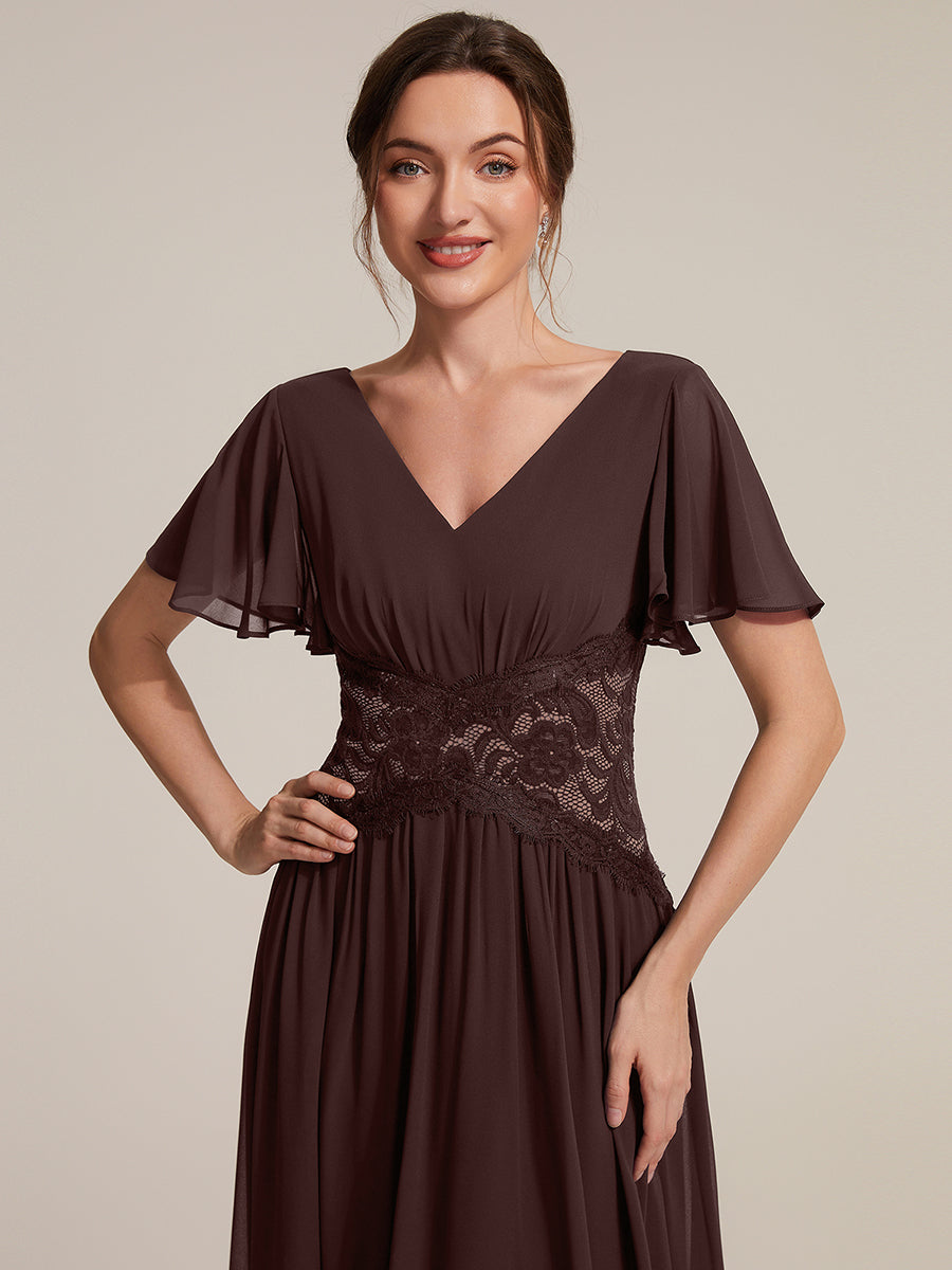 Chiffon Ruffle Sleeve Lace A-Line Wedding Guest Dress