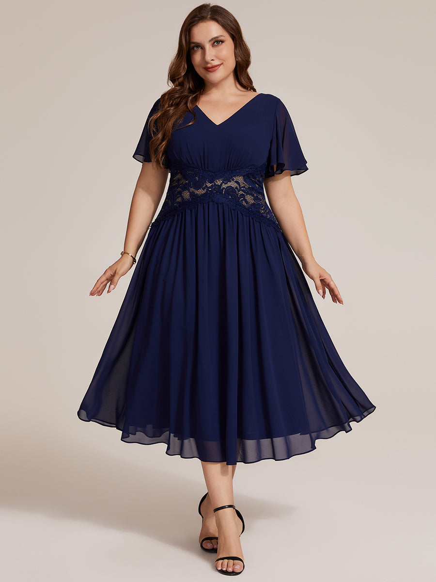 Chiffon Ruffle Sleeve Lace A-Line Wedding Guest Dress