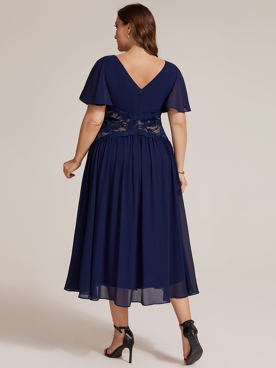 Chiffon Ruffle Sleeve Lace A-Line Wedding Guest Dress