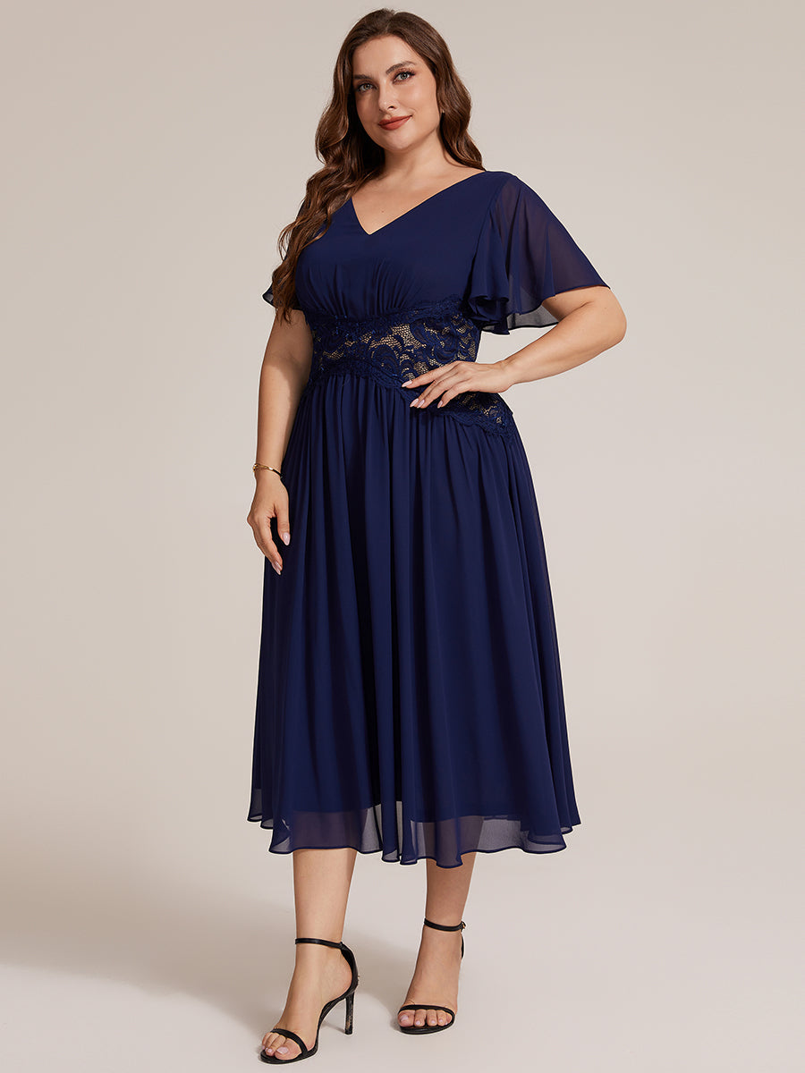 Chiffon Ruffle Sleeve Lace A-Line Wedding Guest Dress