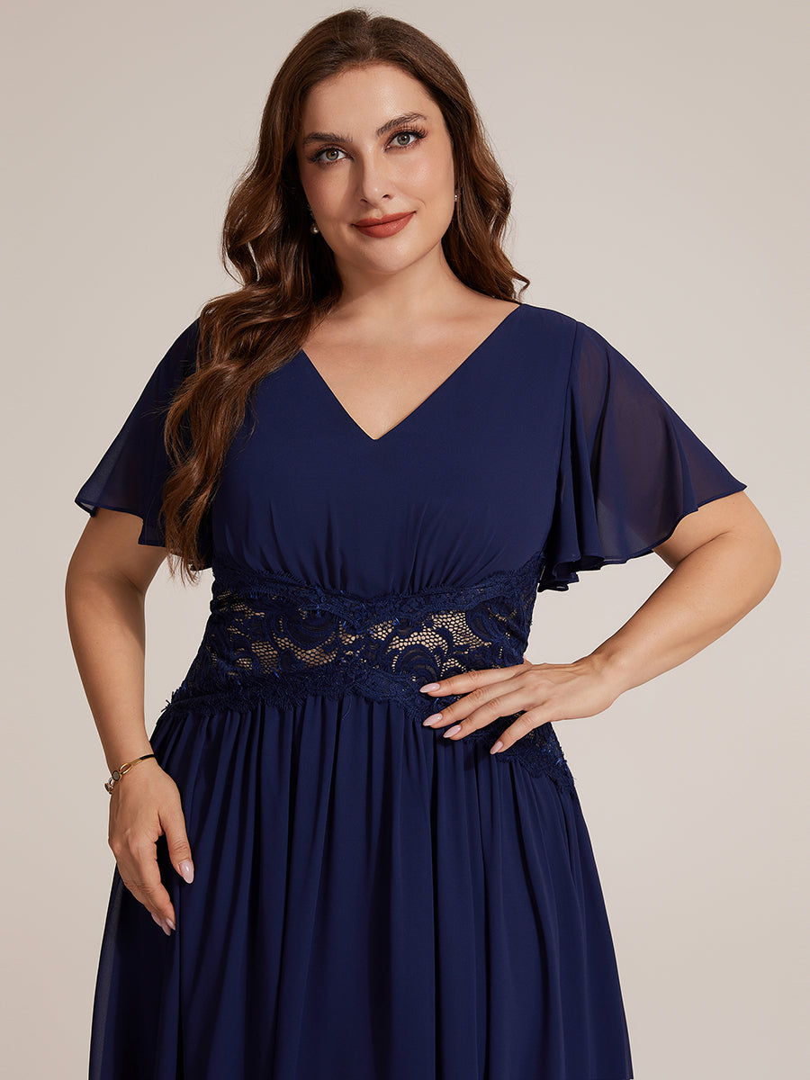Chiffon Ruffle Sleeve Lace A-Line Wedding Guest Dress