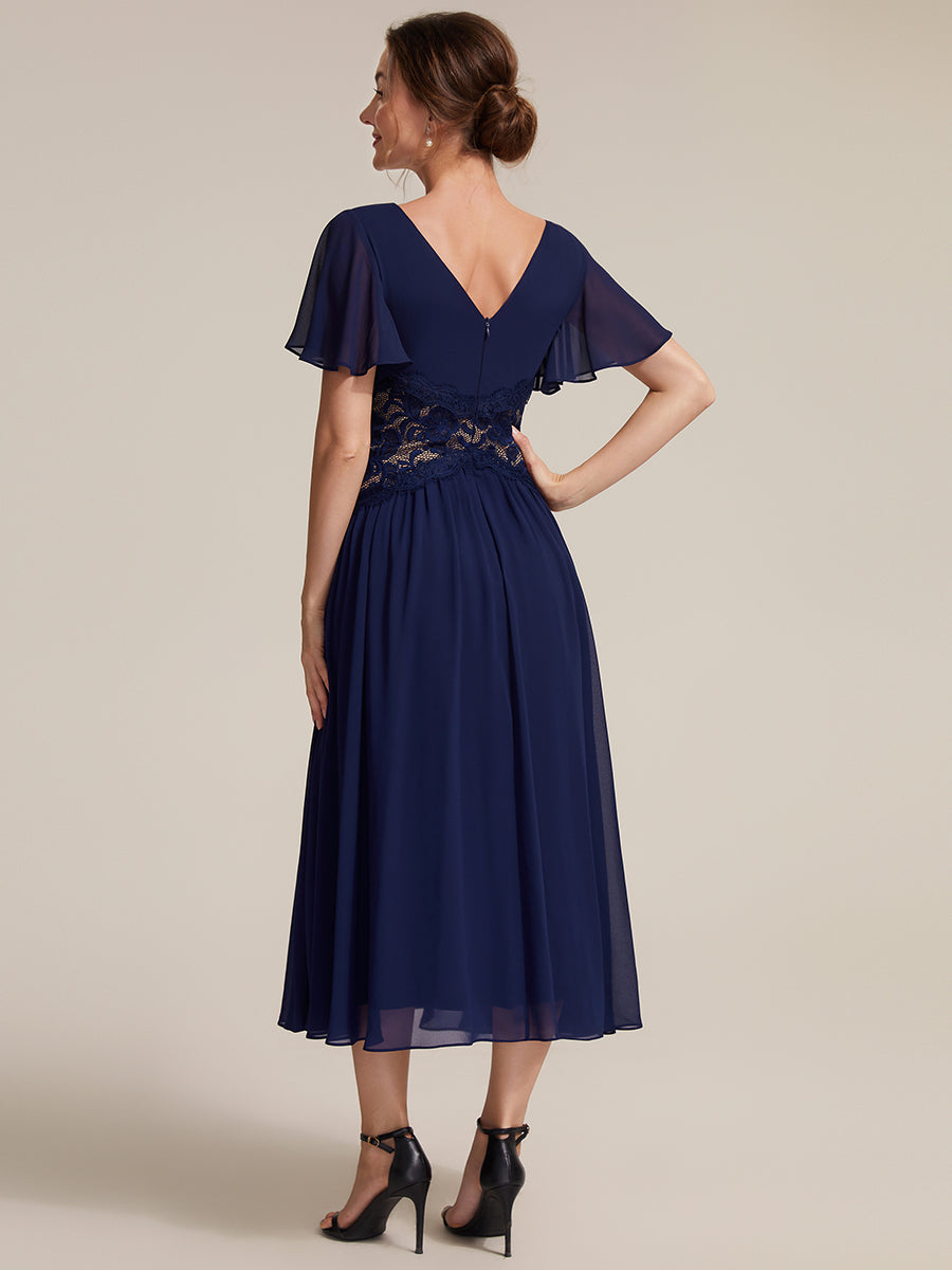 Chiffon Ruffle Sleeve Lace A-Line Wedding Guest Dress
