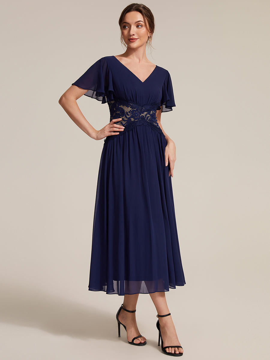 Chiffon Ruffle Sleeve Lace A-Line Wedding Guest Dress