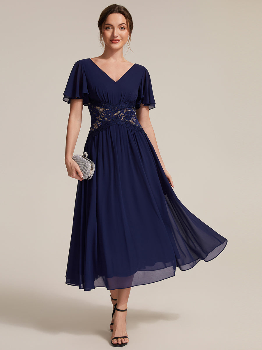 Chiffon Ruffle Sleeve Lace A-Line Wedding Guest Dress