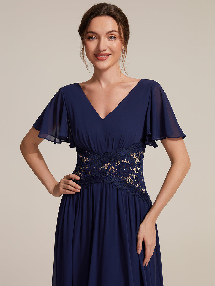Chiffon Ruffle Sleeve Lace A-Line Wedding Guest Dress