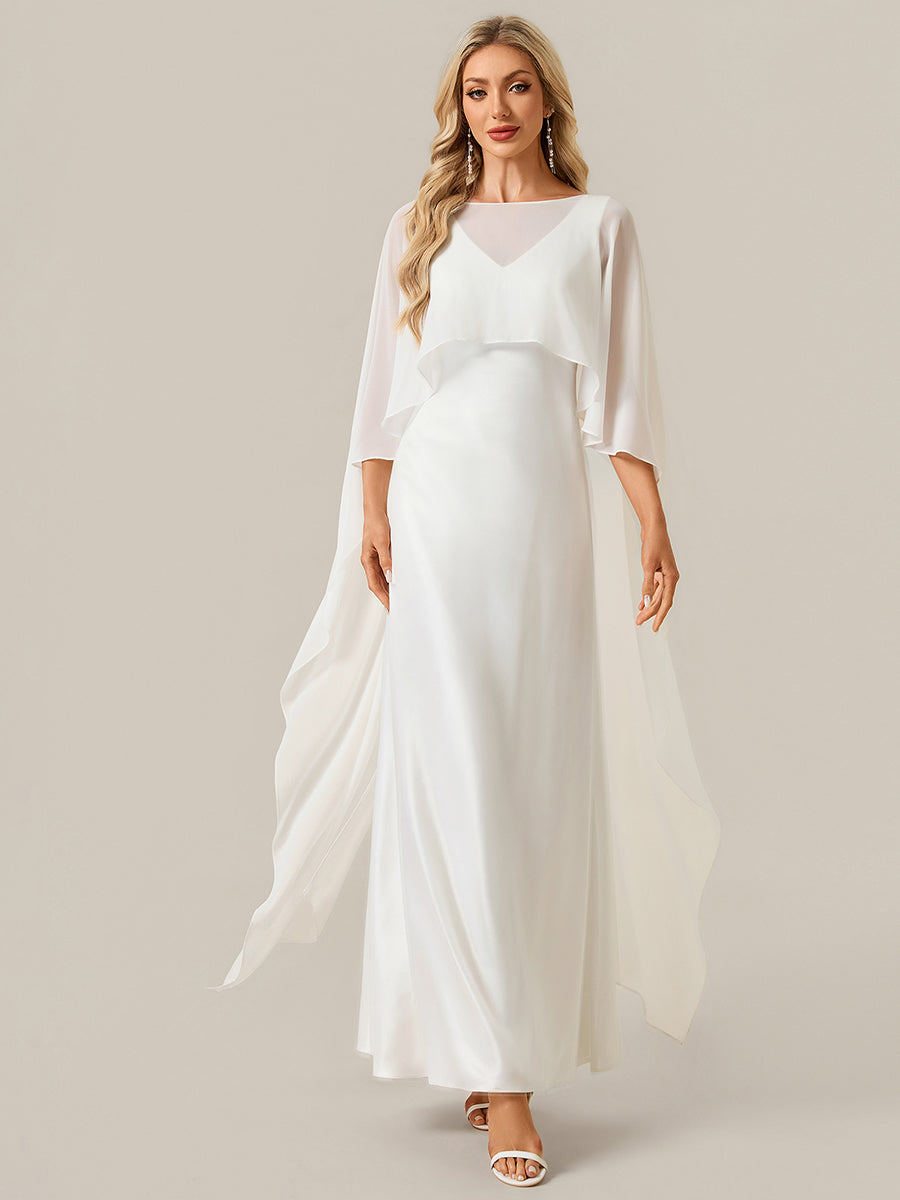 Deep V-Neck Satin Shawl Sleeve Wedding Dress